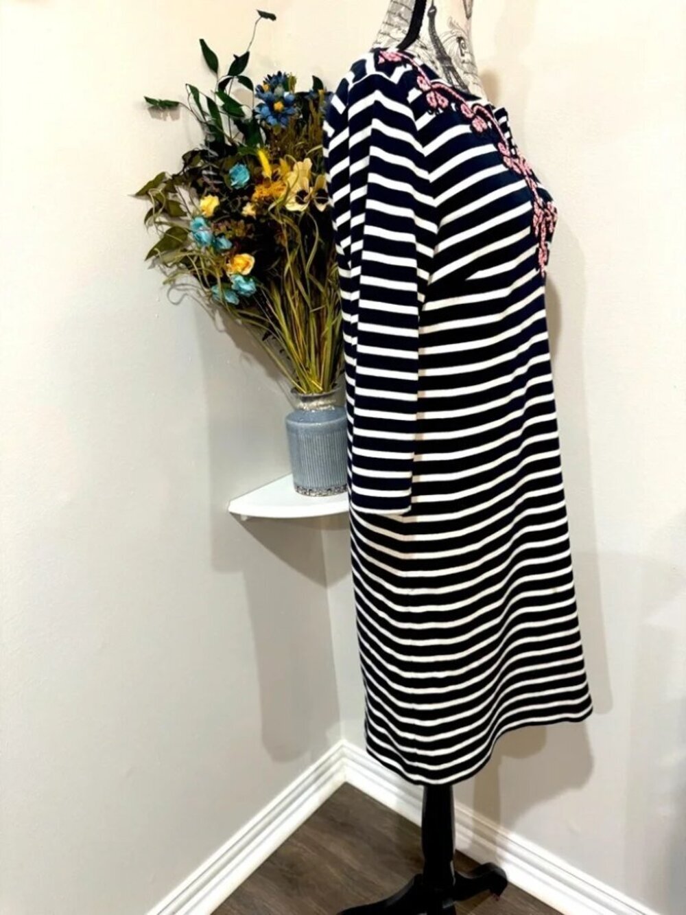 Talbots Petite Embroidered Nautical Stripe Cotton Dress MP | Coastal Chic Resort - Picture 5 of 9